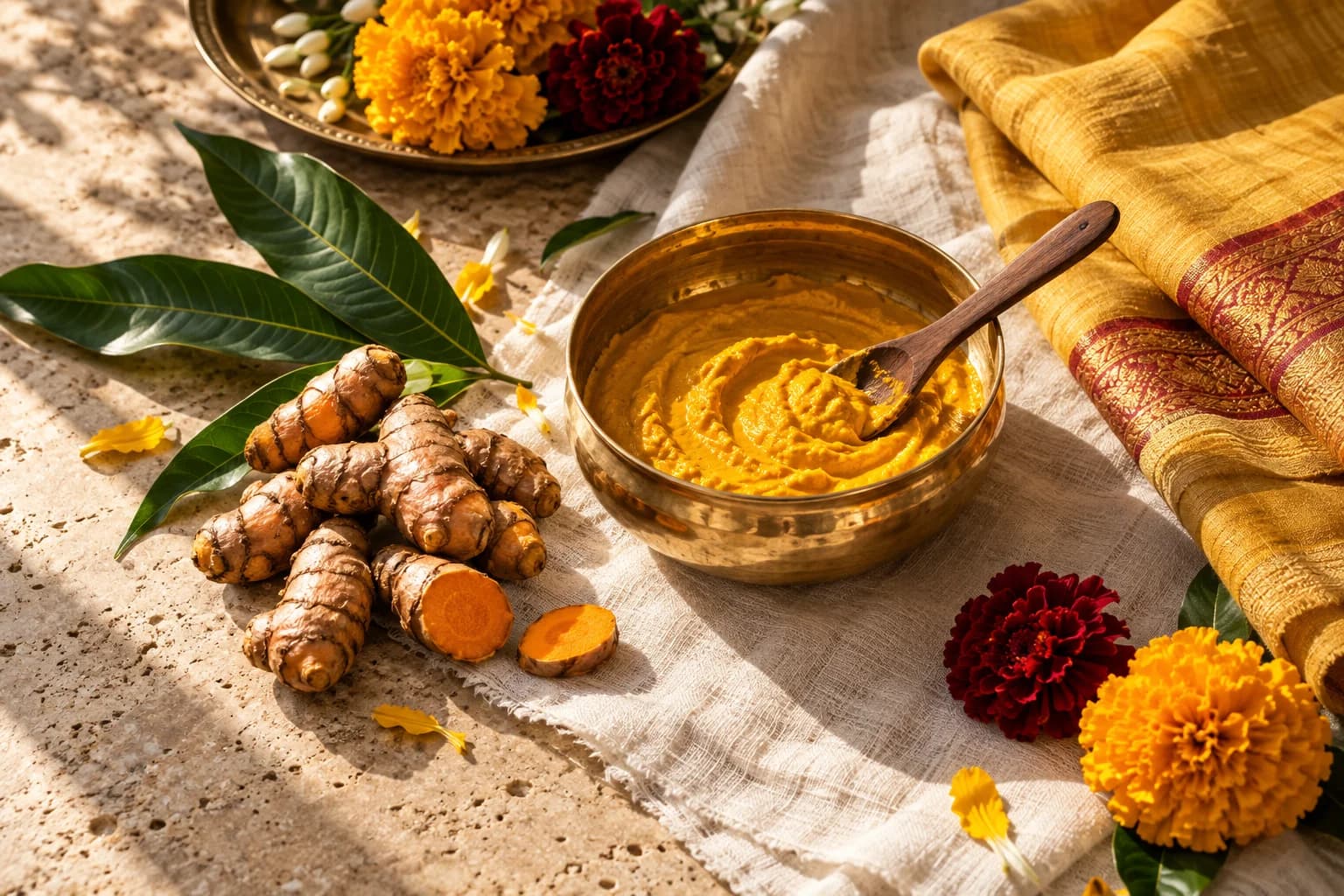 A brass bowl of turmeric paste with fresh turmeric roots, mango leaves, marigolds and a folded yellow cloth in sunlight