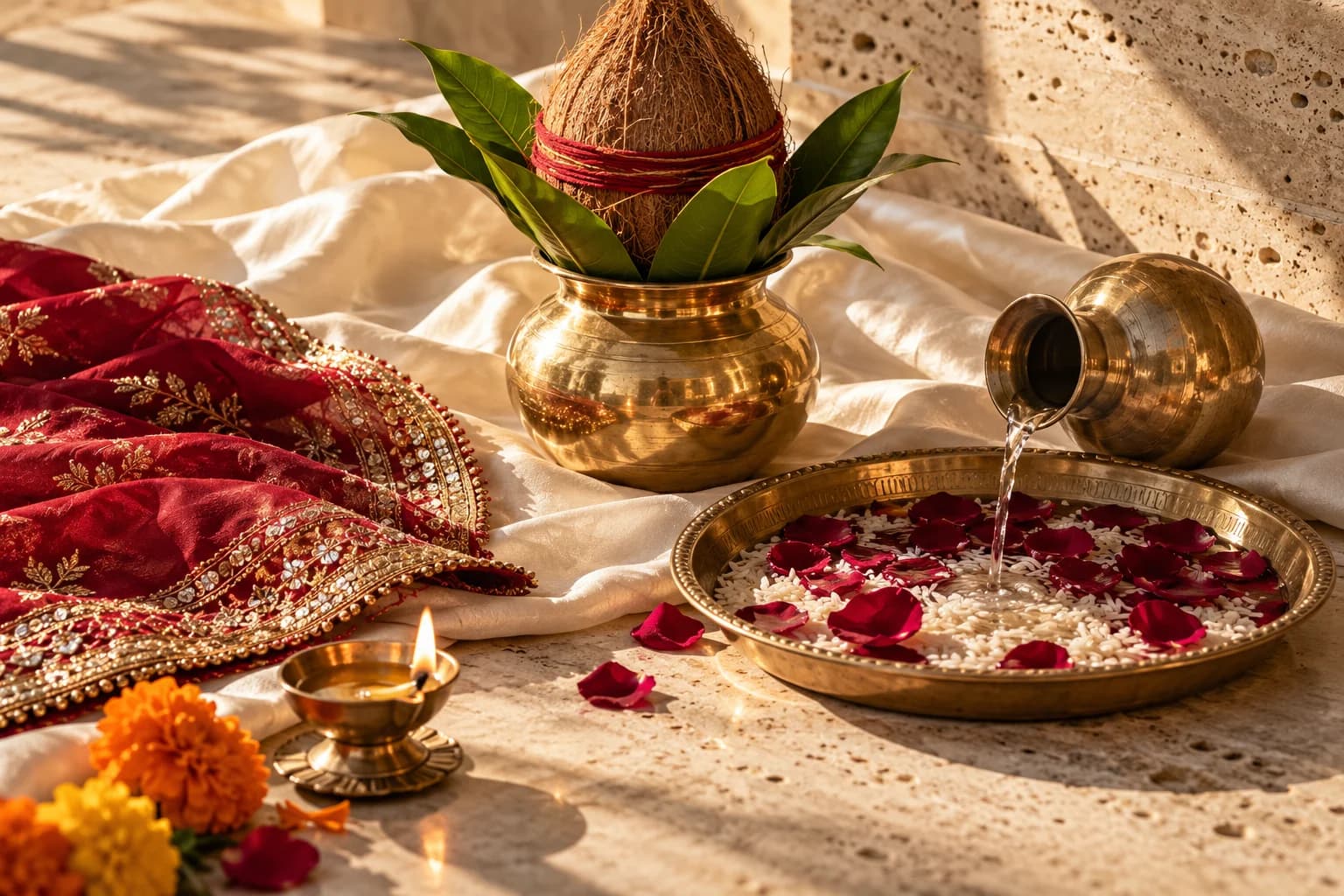A brass kalash with mango leaves, water pouring into a thali of rice and rose petals, a red chunri and a lit diya