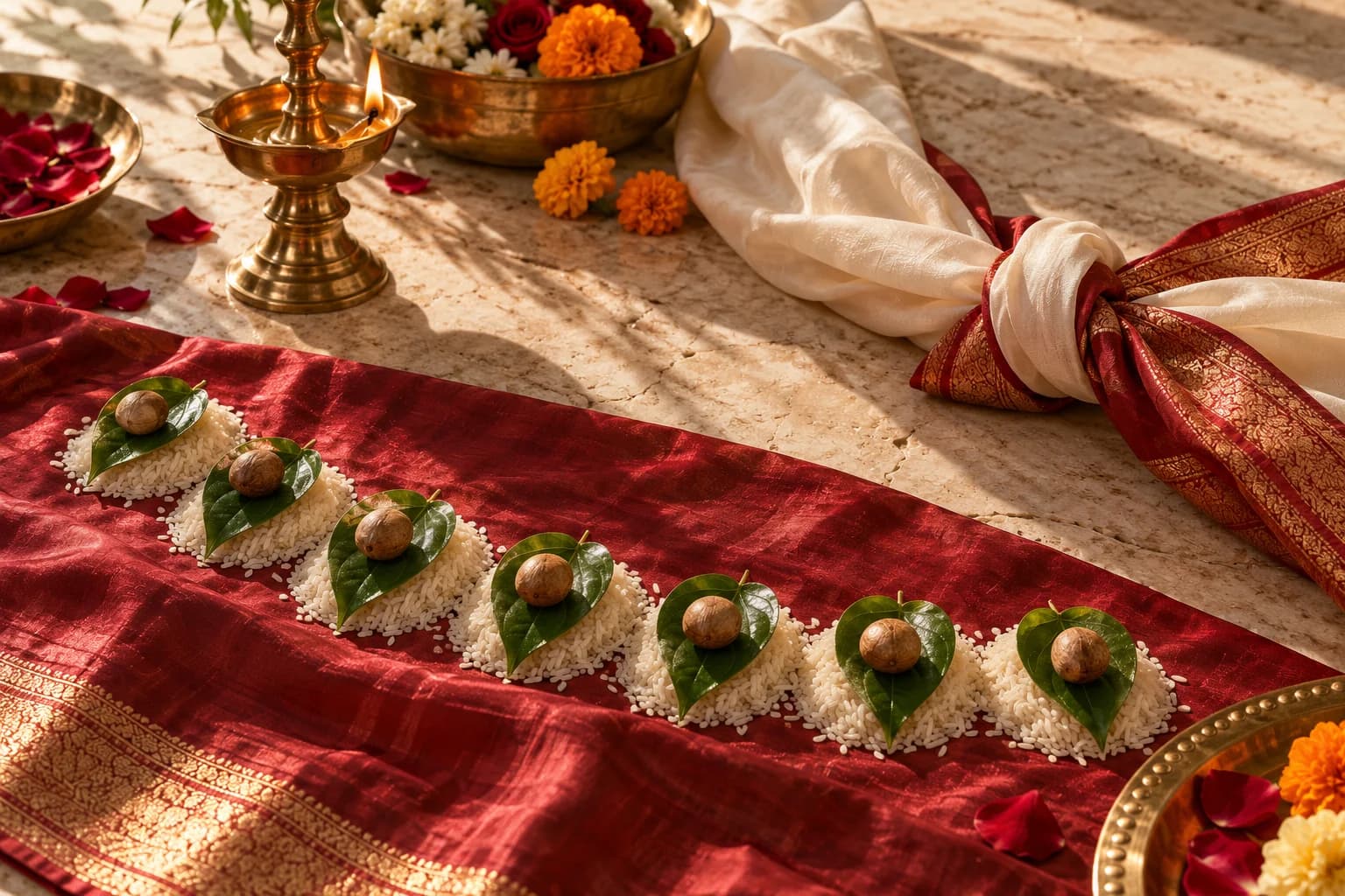 Seven small heaps of rice topped with betel leaves and areca nuts on red silk beside a lit brass diya and a knotted stole