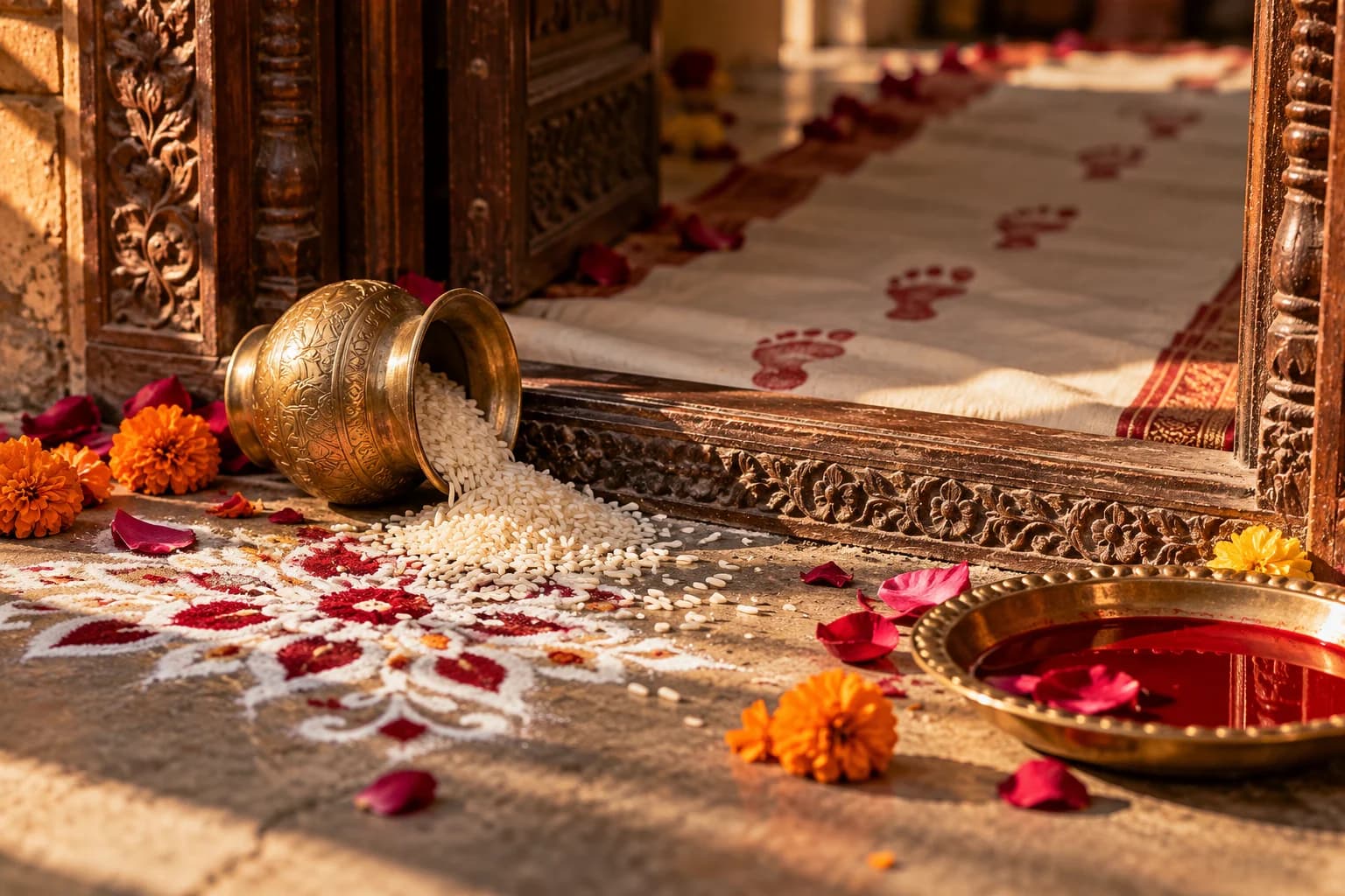 A brass kalash of rice tipped over on a carved wooden threshold beside a rangoli, a plate of red alta and footprints leading inside