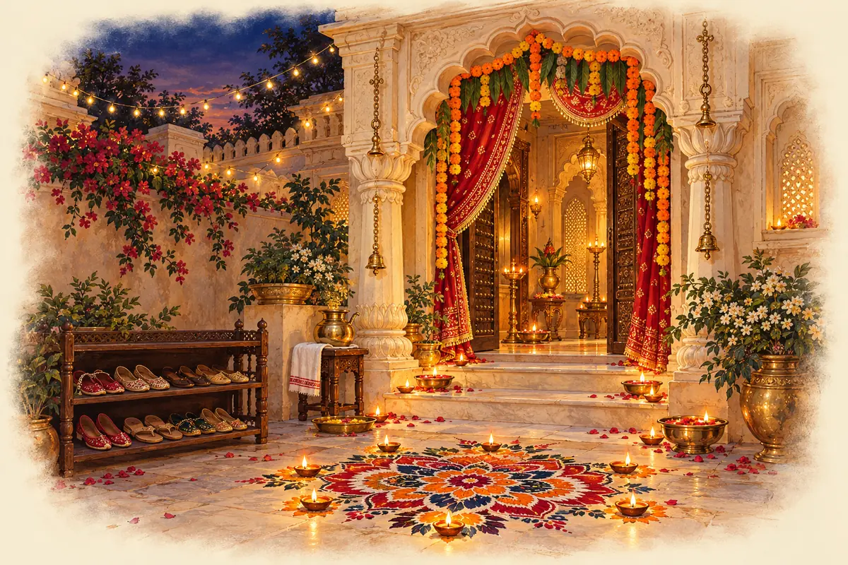 A haveli doorway hung with a marigold toran, a rangoli with lamps at the threshold, and guests' sandals left neatly on a rack outside