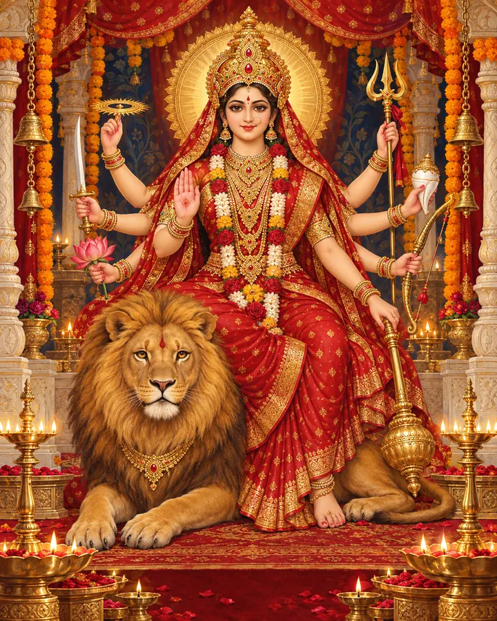Maa Durga, Sherawali Mata, seated on her lion in her darbar, her right hand raised in blessing