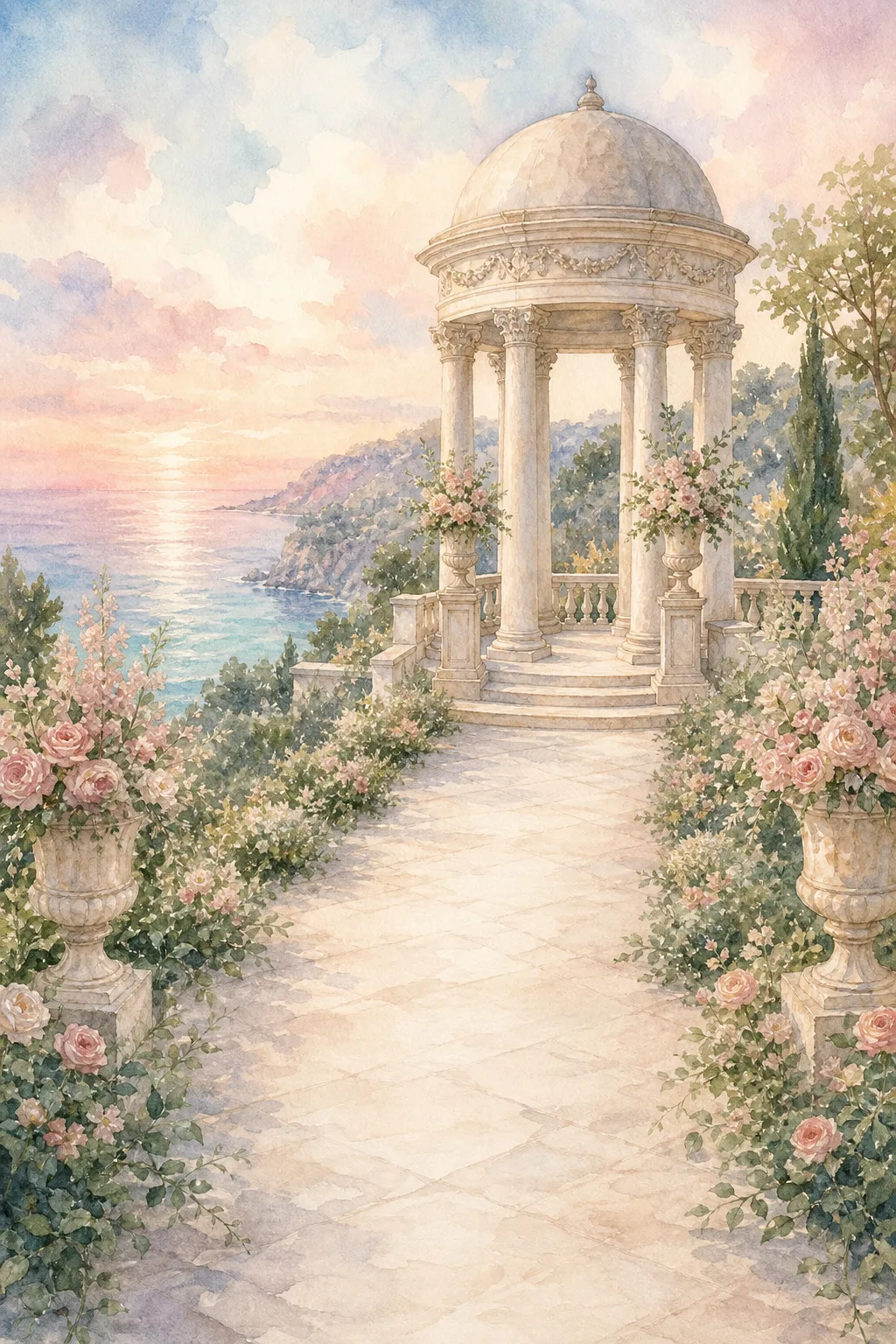 A seaside castle at the end of a garden path
