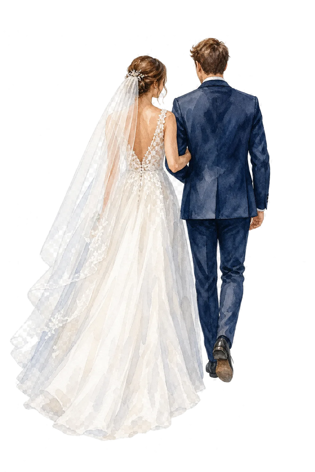A bride and groom walking arm in arm toward the castle
